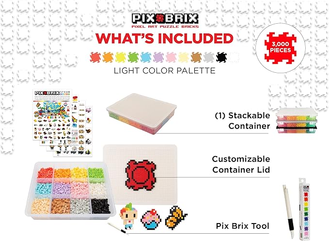 Pix Brix Pixel Art kit Puzzle Bricks - 3,000 Piece Pixel Art Container, 12 Color Light Palette - Interlocking Building Bricks, Create 2D and 3D Builds Without Water or Glue - Stem Toys, Ages 6 Plus
