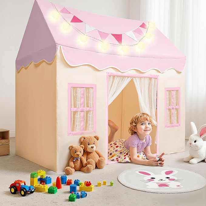 SYNCFUN Play Tent for Kids,Indoor & Outdoor Tent with Blanket,LED Lights & Flags for Toddler,Spacious 51*35*52 Inch,Playhouse for Kids,Ideal Private Space for Reading & Play for Boys & Girls Age 3-7