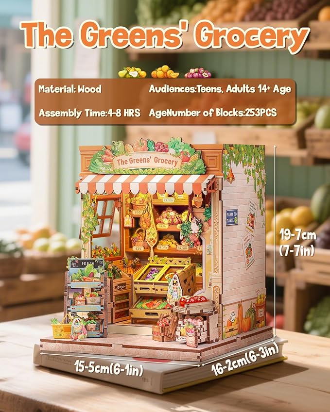 CUTEBEE Book Nook Kit - DIY Miniature House Dollhouse Kit for Adult and Teens, Booknook Bookshelf Decor with LED Light, Gifts for Family and Friends (The Greens’ Grocery)