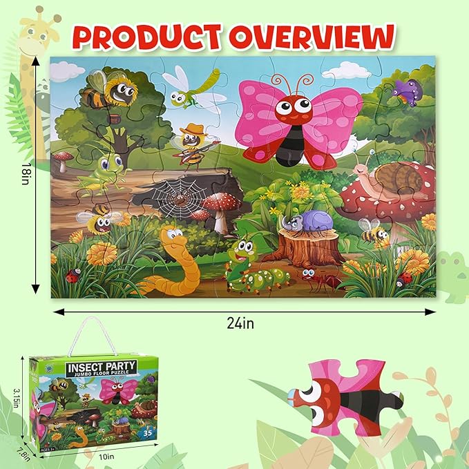 35 Piece Jumbo Floor Puzzle for Kids BugsJigsaw Puzzles, Large Puzzles for Toddler Ages 3-8, Educational Development Toys Giant Floor Puzzle