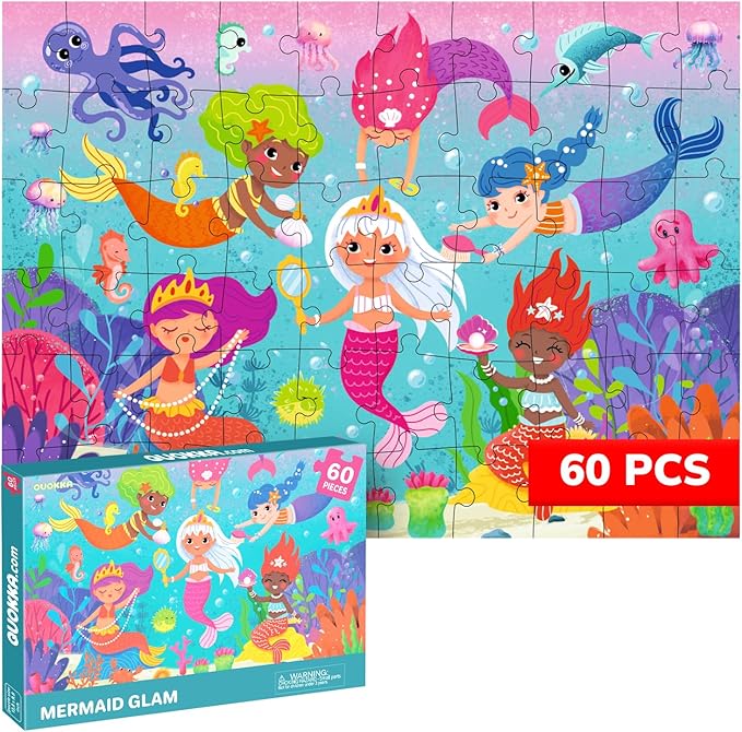 QUOKKA Puzzles for Kids Ages 4-6 – 60 Piece Jigsaw Puzzles for Toddlers Ages 3-5 with Mermaid – Quiet Time Toys for Preschoolers 2-4 – FSC Certified Educational Learning Game for Boys and Girls