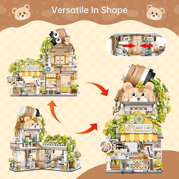 Creative Brick Box Street View-Coffee Shop Mini Building Toy Animals Interactive for Kids, Simulation Architecture Toy for Girls and Boys Ages 6+ - Gift Easter, Birthday, Christmas (1077 PCS)