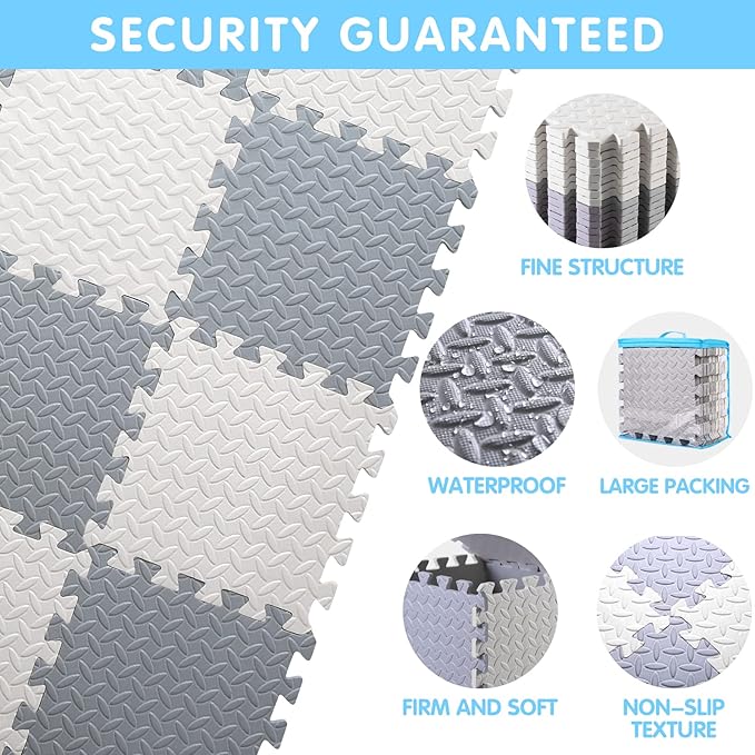 16 Tiles Foam Play Mat for Baby, Soft & Safe EVA Foam Mats for Floor, Square Baby Play Mat, Solid Colored Kids Foam Puzzle Floor Mat, 47x47 Play Mat for Playpen(Whit/Gray)