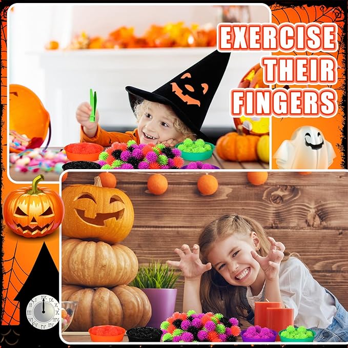 Leitee 71 Pcs Sensory Bin Filler Include 60 Hedge Balls 4 Tweezers 2 Scissors Clips 5 Cups Fine Motor Skills Toys Set for Boys Girls Early Education and Counting Sorting Training(Black,Halloween)