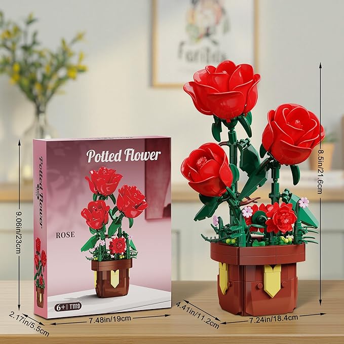 Roses Flowers Botanical Building Blocks Set,Artificial Plants Bonsai Building Toys with Pot,Indoor Display for Home Office Decor,Christmas Birthday Gift for Adult Women Girls Age 8-12(307Pcs)