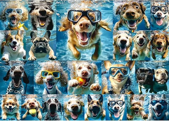 Underwater Dogs Jigsaw Puzzles 1000 Pieces for Adults Funny Cute Dogs Collage Puzzles for Adults 1000 Pieces with Letters on Back Hard Impossible Difficult Challenging Family Puzzle