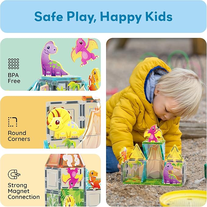 PicassoTiles Magnet Tile Building Blocks Dinosaur World Themed Playset with 8 Animal Character Action Figures Magnetic Tiles STEM Learning Pretend Play Toy Construction Set Boys Girls Ages 3+ PTQ23