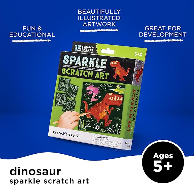 Crocodile Creek Dinosaurs Sparkle Scratch Art for Kids - 16-Sheet Scratch Art Set with 10 Themed Sheets, 5 Blank Sheets, Stencil, and Stylus - Thoughtful Stocking Stuffer, Gifts, Art Supplies for Kids