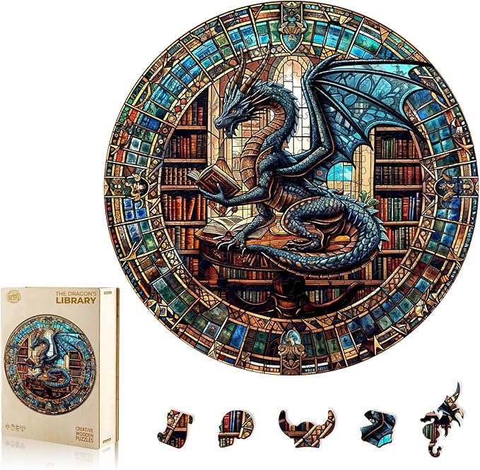 WOODBESTS Wooden Puzzles for Adults (505 Piece, XL, 17.3"x17.3") Dragon's Library Wood Puzzle Adult, Unique Wooden Animal Jigsaw Puzzles, Family Game and Birthday Gifts for Friend