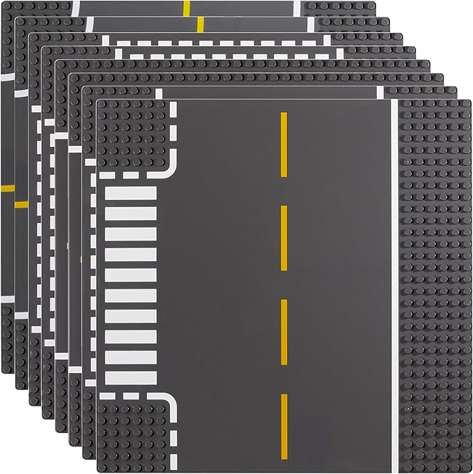 Apostrophe Games Road Baseplate – Premium Building Blocks Base Plates Compatible with All Major Brands – 8pcs Baseplate Gray with Road Design – Straight, Curve, Crossroad, T-Junction Gray Base Plates
