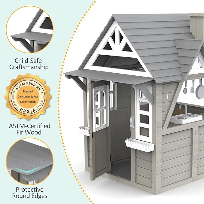 Kids Playhouse Outdoor,Wooden Play House Playset for Kids, Large, Sturdy, Realistic Design with Kitchen, Doorbell, Flower Pot, Stove, Sink & Clock, Perfect for Kid Ages 3-8 (Gray)