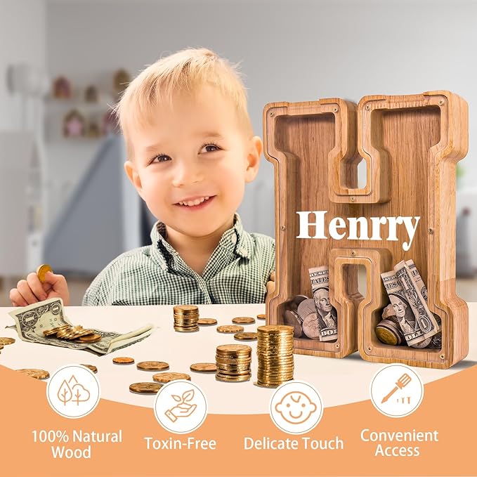 Wooden Letter Piggy Bank for Kids Larger Letter Piggy Bank for Boys and Girls Personalized Piggy Bank Initial Coin Bank Wood Kids Money Bank for Birthday and Festival