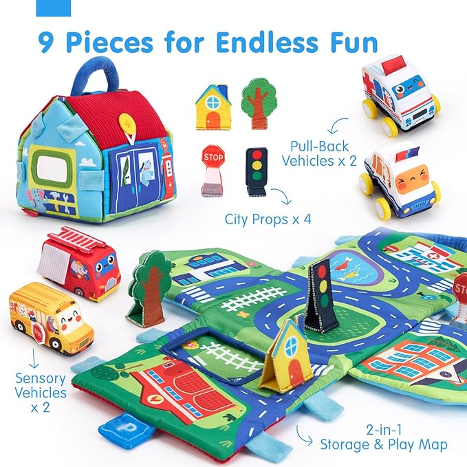hahaland Baby Toys for 1 Year Old Boy Gifts - Soft Pull Back Cars, Sensory, Take-Along Cars Playset with Foldable Mat, 9 Month Old Baby Toys 6-12 Months Soft Toy Baby Gifts Christmas Stocking Stuffers