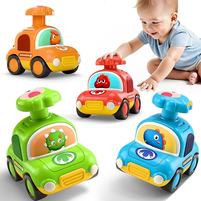 iPlay, iLearn Press to Go Dinosaur Car Toys for Toddlers 1-3, Baby Play Race Vehicle Set, Infant Dino Push Go Friction Toy, 4pcs Animal Car for 12 18 24 Month, 1st Birthday Gift for 1 2 3 Yr Boy Child