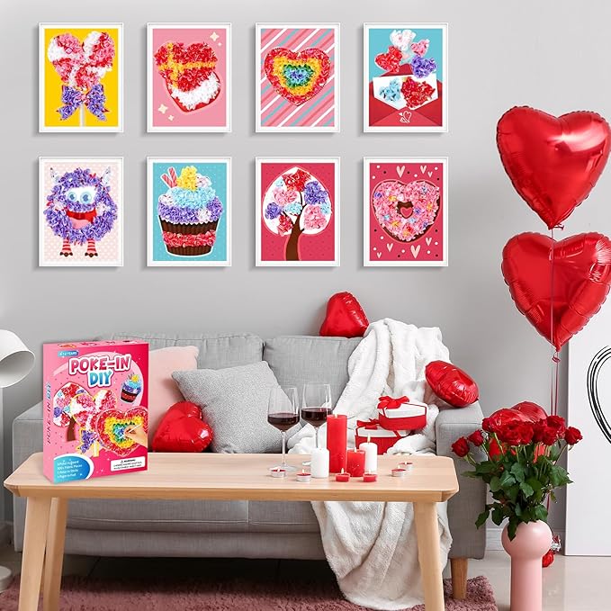 8PCS Poke-in Craft and Art Kit for Kids Heart Monster Dessert No-Mess Fabric Sewing Art Girls Boys 4-12 Puzzle Puncture Painting Toy Gift Mom Valentine Creative Activity Game Birthday Party