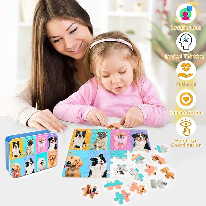 LELEMON Puzzles for Kids Ages 4-6,4-Pack 60 Piece Puzzles for Kids Ages 4-8 in a Metal Box,Donut Dogs Space Garbage Truck Educational Jigsaw Puzzles Puzzle Games Puzzle Toys for Girls and Boys