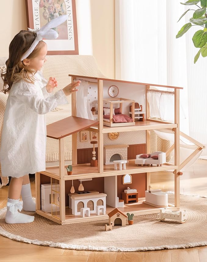 ROBOTIME Wooden Dollhouse, Doll House for Girls – 3-Story Bohemian Style Doll House with 37- Piece Furniture & Awning, Pretend Play Wooden Dollhouse Gift for Kids Ages 3+