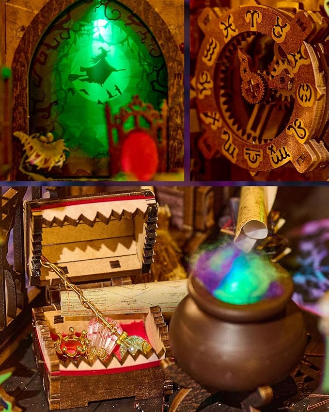 Book Nook Kit Mystic Theurge's Hut, DIY Booknook Kit for Adults Teens, 3D Wooden Puzzle Miniature House Kit with LED Lights, Bookshelf Decor Craft Gift for Family Friends
