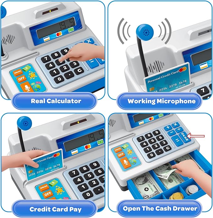 Calculator Cash Register - 103 Pcs Toy Cash Register, Store Set with Microphone, Credit Card and Banking for Kids, Early Math Skills Toys Gifts for 3, 4, 5, 6 7 8+ Years Old Boy Girl