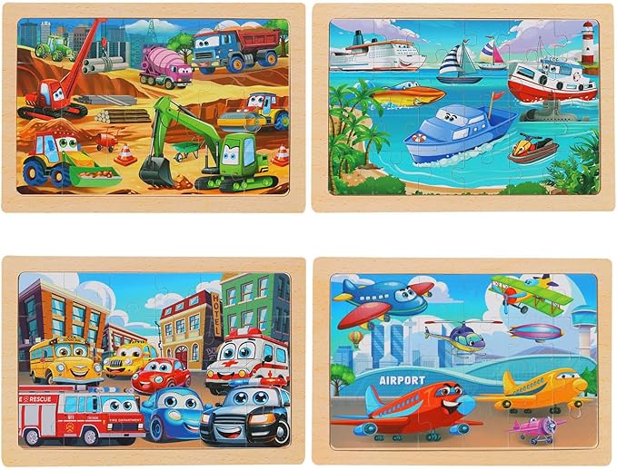 Wooden Puzzles for Kids Ages 4-6, 24 Piece Vehicle Car Construction Jigsaw Puzzles 4 Packs, Preschool Toddlers Learning Activity Puzzles Toys for Boys Girls 3 4 5 6 Years Old