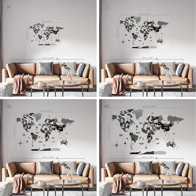 Colorfull Worlds 3D Wooden World Map Wall Art | Unique Wall Decor with Pins for Travel Enthusiasts | Home and Office Wall Décor | Grey | XLarge