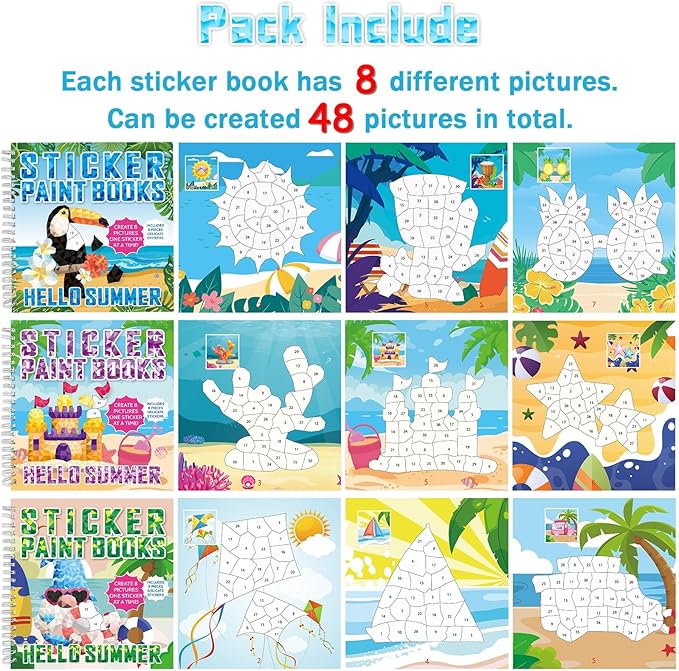6Pcs Summer Paint by Sticker Books Hello Summer Sticker by Number Books Activity Book Puzzle Book Craft Art Gift with Crab Flamingo Turtle Toucan 48 Pictures Party Favors