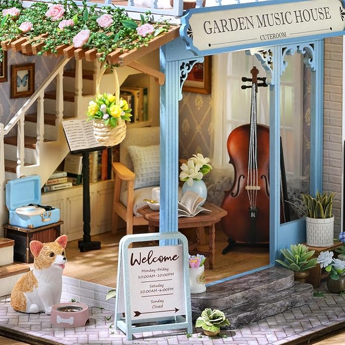 TuKIIE DIY Miniature House Kit with Furniture, 1:24 Scale Creative Room Wooden Mini Dollhouse Plus Dust Proof & Music Movement for Kids Teens Adults(Symphony of Bliss)