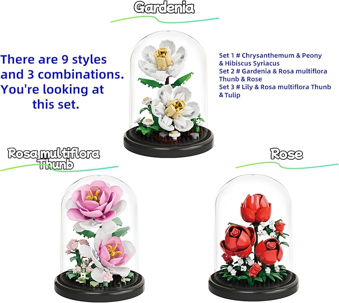 Mini Brick Flower Building Kit with Display Cover- 500PCS Micro Bricks for Realistic Artificial Flowers, Gardenia,Rosa multiflora Thunb and Rose,Perfect for Home Decor and Gifts
