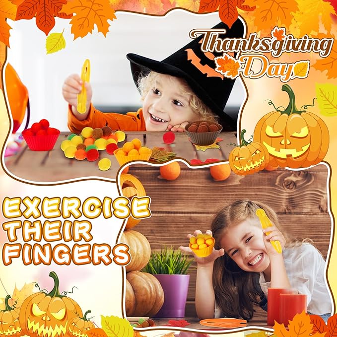 Hotop 312 Pieces Fine Motor Toys Counting Sorting Fall Thanksgiving Decorations 100 Pcs Assorted Pompoms 200 Pcs Artificial Maple Leaves 2 Pcs Tweezers 10 Pcs Cups for Autumn Thanksgiving Decoration