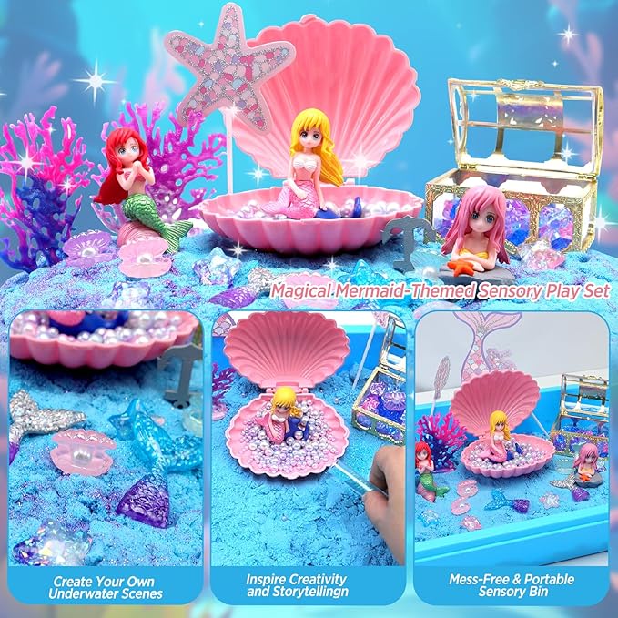 CORPER TOYS Ocean Mermaid Sand Art Kit for Kids with Magic Sand, Seashell & Treasure Accessories Sensory Bin Toys for Toddlers Girls Gift for Birthday Christmas