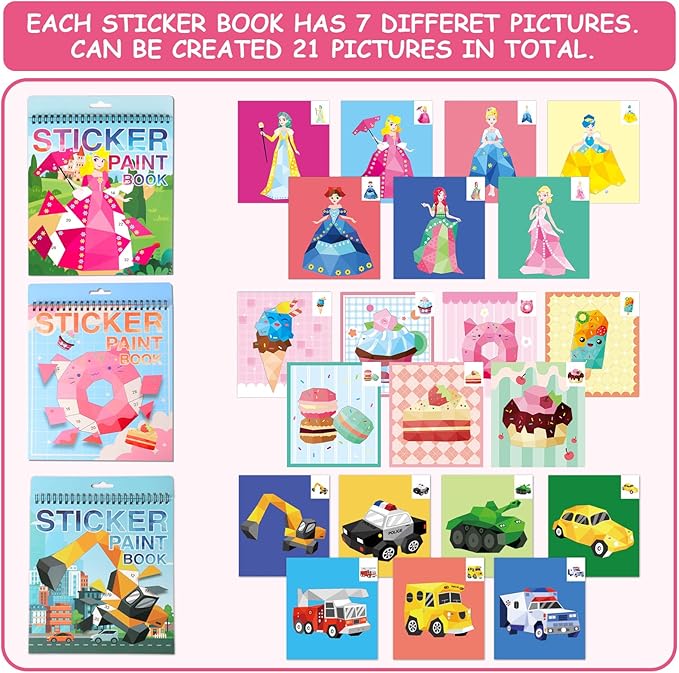 3 Pack Sticker Book Paint by Sticker Kids Ages 4-10 Reusable Sticker Book for Toddlers Boys and Girls Birthday Gifts Party Favor, Travel Activity Book Set for Learning and Playing