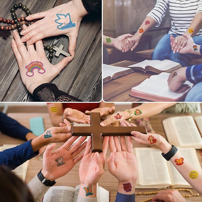 Landhoow 240 Pcs Jesus Loves You Tattoos Temporary for Kids Glitter Face Tattoos Cool Body Sticker Costume Accessory for Adults Boys Girls Party Favor