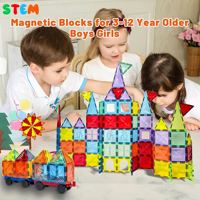 Magnetic Tiles, 100PCS Kids Magnetic Blocks Toy Set, Magnet Tiles 3D Clear Building Blocks Set with 2 Cars, STEM Sensory Educational Toys Gift for Toddlers Boys 3 4 5 6 7 8 9