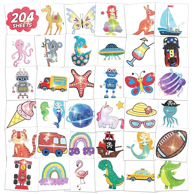EMOME 204 Sheets Glitter Tattoos for Kids, Individually Wrapped Kids Temporary Tattoos for Girls and Boys, Fake Tattoo Stickers for Birthday Party Favors Supplies, Halloween Goodie Bag Stuffers