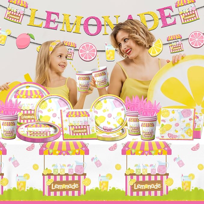 Lemon Party Supplies - 142Pcs Lemonade Party Decorations Tableware Set Includes Lemon Plates,Napkins,Cups,Banner,Lemonade Tablecloth for Lemon themed Birthday Party Baby Shower Party, Serves 20