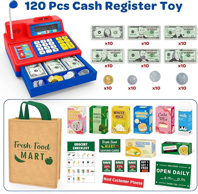 Calculator Cash Register Toy Gift for Kids Age 3, 4, 5, 6, 7, 8+ Year Old, 120 Pcs Grocery Store Playset with Microphone, Grocery Boxes, Credit Card, Red Play Cash Register for Toddlers Kids 4-8