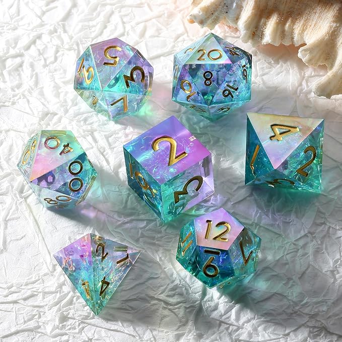 Iridescent Plating Sharp DND Dice, DNDND Handmade Resin Sharp Edge D&D Die with Gift Case for Dungeons and Dragon Tabletop Games (Iridescent Plating)