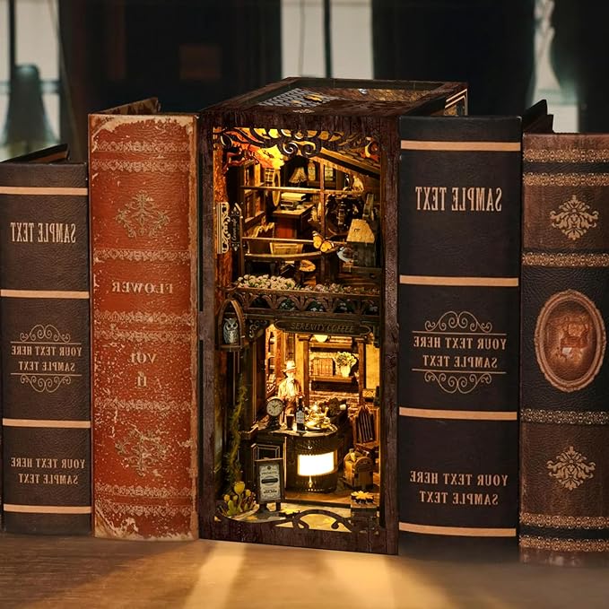 ISSEVE Book Nook Kit, DIY 3D Wooden Puzzle Dollhouse Booknook for Adults, Tiny Miniature House Kit Bookshelf Decor with LED Light and Dust Cover, Gifts for Family and Friends (Coffee House)