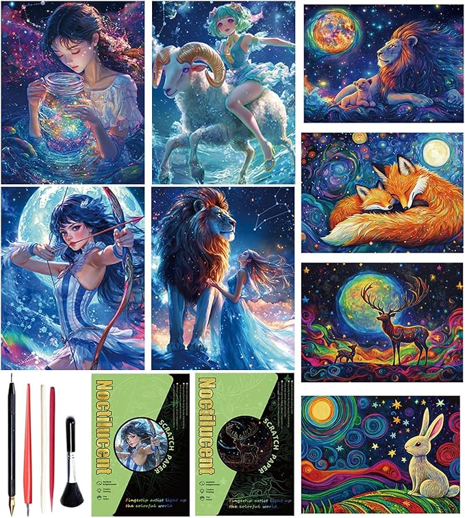 Georgie Porgy Scratch Paper Art Set for Kids Adults Magic Rainbow Scratchboards for DIY Arts and Crafts Kits Christmas Birthday Gift with Scratching Tools Kit (A4-Noctilucent Beast + Constellation)