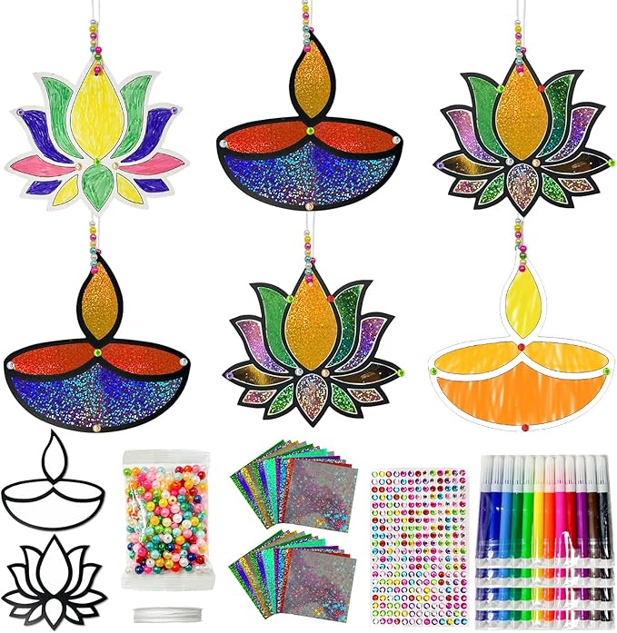 Cinrobiye 24 Set Happy Diwali Craft Kits Diwali Party Favors Foil Art DIY Lotus Flower Hanging Ornaments Festival of Lights Deepavali Paint Craft for Indian Temple Sunday Classroom Activity Supplies