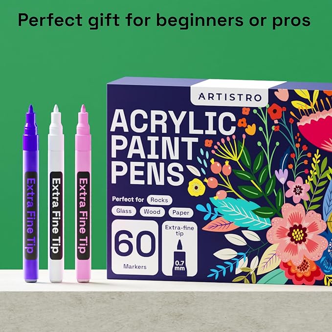 ARTISTRO 60 Acrylic Paint Pens, Art Set Acrylic Paint Markers, Fabric Markers for Textile, Canvas, Rock, Glass, Wood, Paper, Pumpkin, DIY, Paint Markers for Kids and Adults