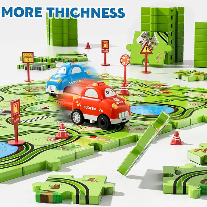 48PCS Puzzle Race Track Car Set for Toddlers Kids Boys, Toddler Toys Gifts for 3 4 5 Year Old Boys and Girls, Floor Puzzle Tracks Car Toys for Ages 3-5 4-6