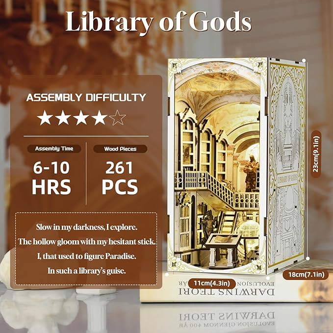 Book Nook Kit, DIY Miniature Dollhouse Booknook Kit, 3D Wooden Puzzle Bookend Bookshelf Insert Decor with LED Light for Teens and Adults (Library of Gods)
