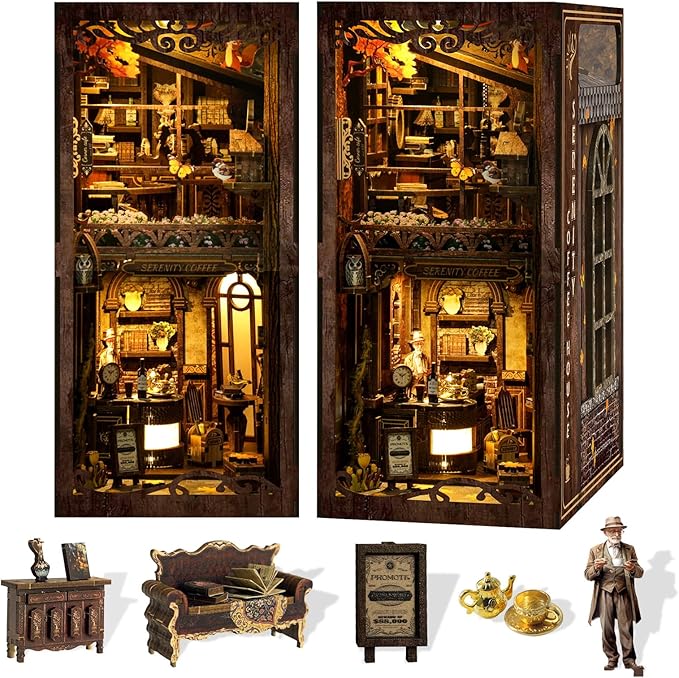 DIY Book Nook Kit Wooden Bookshelf Miniature Serenity Coffee House Kit 3D Wooden Puzzles Bookends Miniature House Kit Book Nook Bookshelf Insert Decor with LED Lights Wood Crafts for Adults
