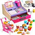 Wooden Cash Register for Kids with Shopping Cart Rechargeable Kid Cash Register with Scanner Gift for Kids Age 3 4 5 6 7 8 9 Year Old Pretend Play for Toddlers Toys for 3-12 Year Old Girls