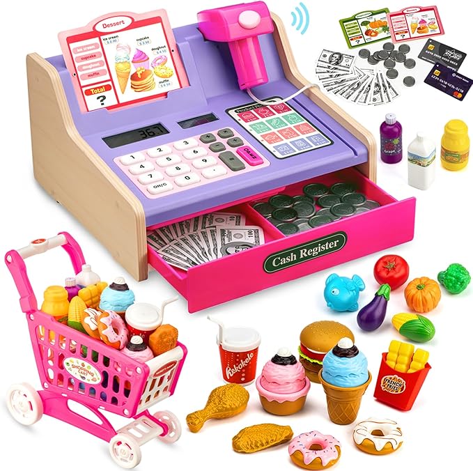 Wooden Cash Register for Kids with Shopping Cart Rechargeable Kid Cash Register with Scanner Gift for Kids Age 3 4 5 6 7 8 9 Year Old Pretend Play for Toddlers Toys for 3-12 Year Old Girls