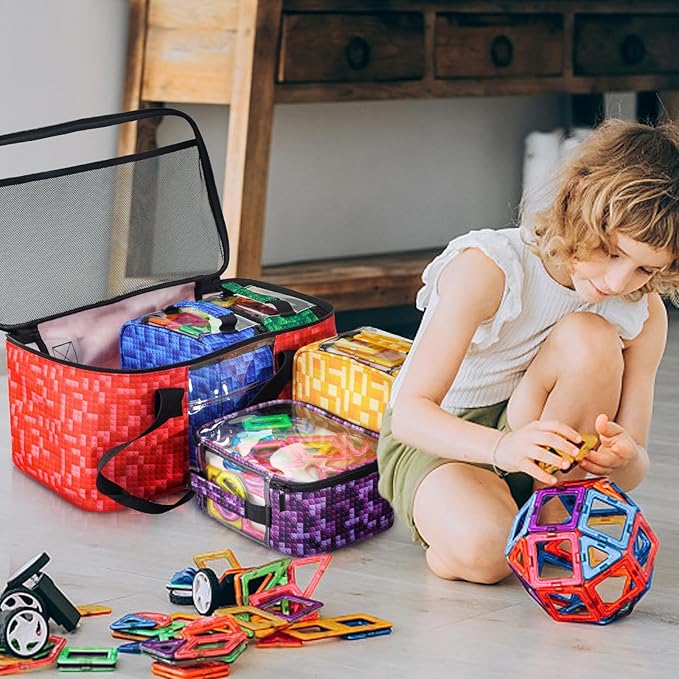 5-Pack Magnetic Tiles Storage Bags Set,Toy Organizer Case,Multifunction Portable Travel Magnetic Tile bag with Visible Top for Building Blocks,Lego Bricks,Puzzles,Toy Cars,Board Game
