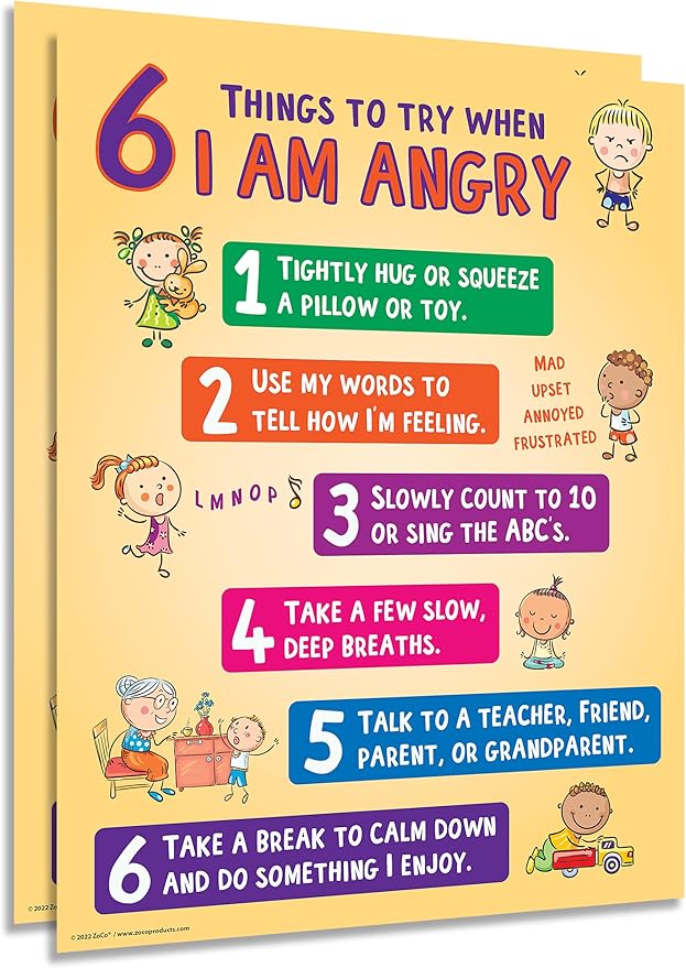 ZOCO – 6 Anger Control Strategies Posters (2-Pack) – Calm Down and Manage Emotions for Toddlers – Classroom Behavior Management for Preschool, Daycare, and Homeschool – Made in USA
