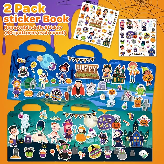 2 Pack Halloween Reusable Sticker Books for Toddlers 2-4 Years, Activity Sticker Books for Toddlers 1-3, Toddler Travel Toys Activities Crafts Gifts, Halloween Party Favor for Boys Girls