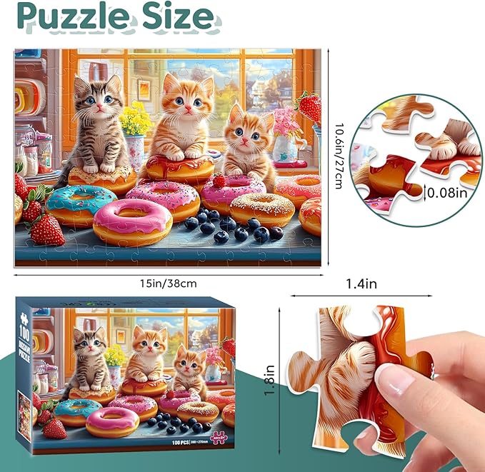 100 Piece Puzzles - Adorable Cats Donuts Puzzle for Kids Ages 4-6 6-8 8-10, Large Piece Puzzle for Seniors Dementia Alzheimer's Activity for Adults Kids Puzzles Ages 5-8 Great Gift for Boys Girls